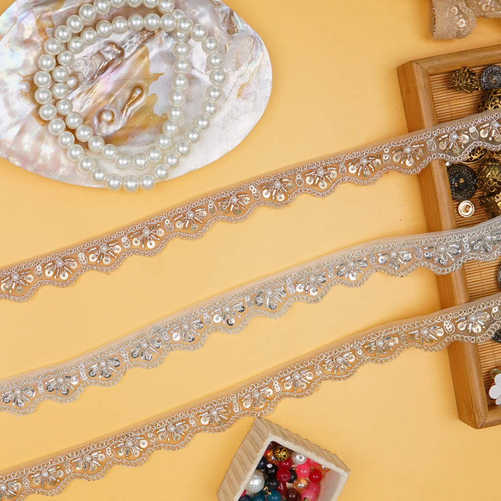 Fancy Metallic Yarn Glass Beads Lace
