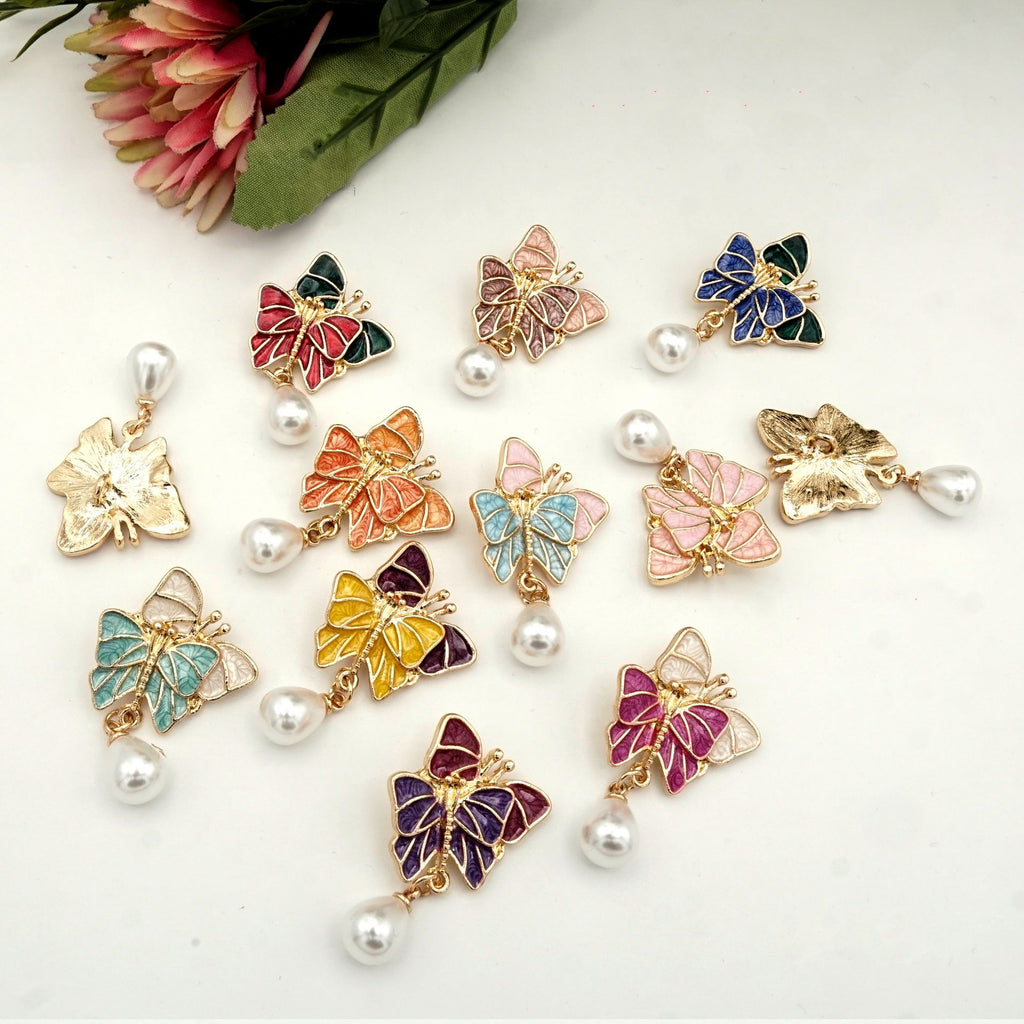 Gold Plated Enamel Butterflies Pearl Drop