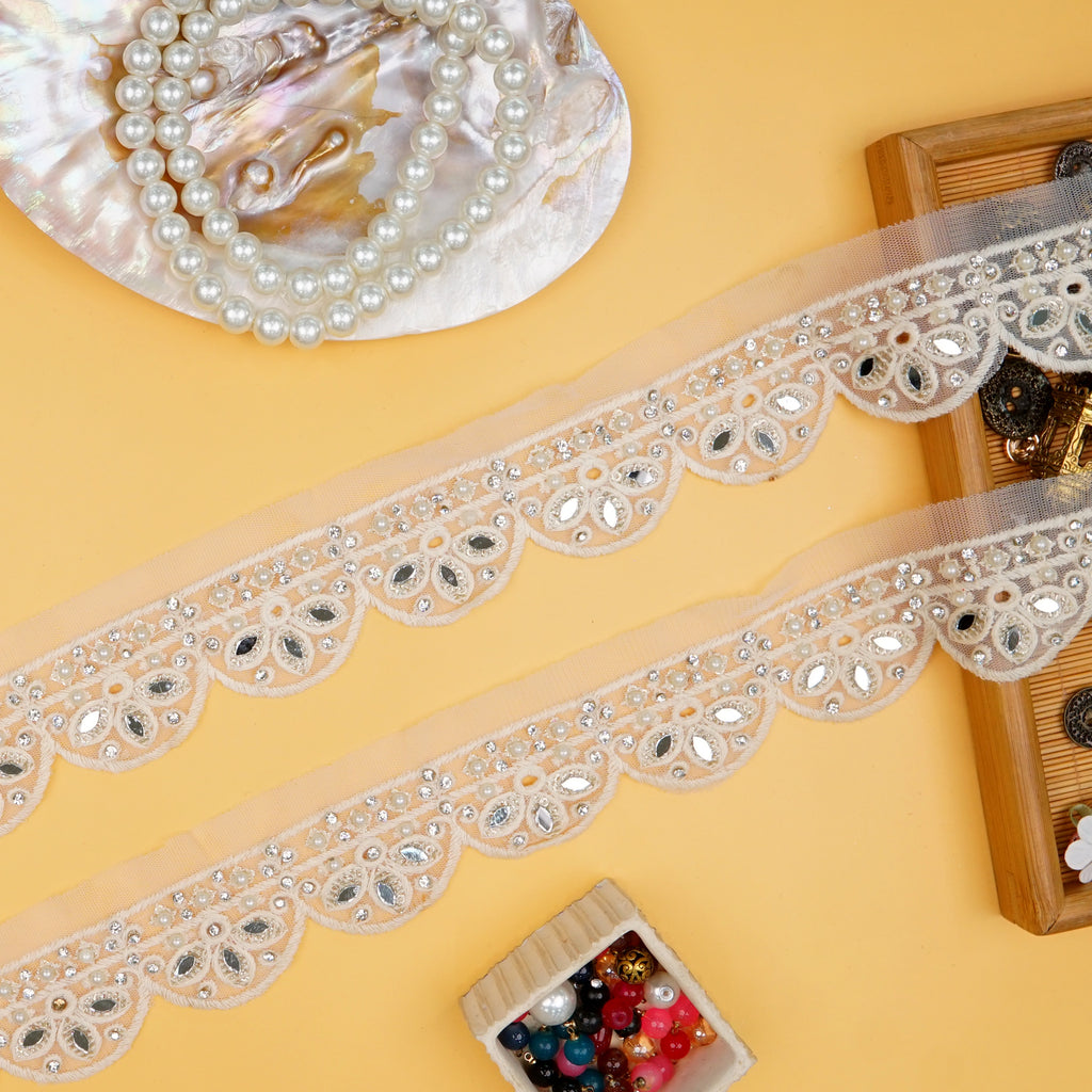 Embroidery Net Lace With Pearl & Mirror