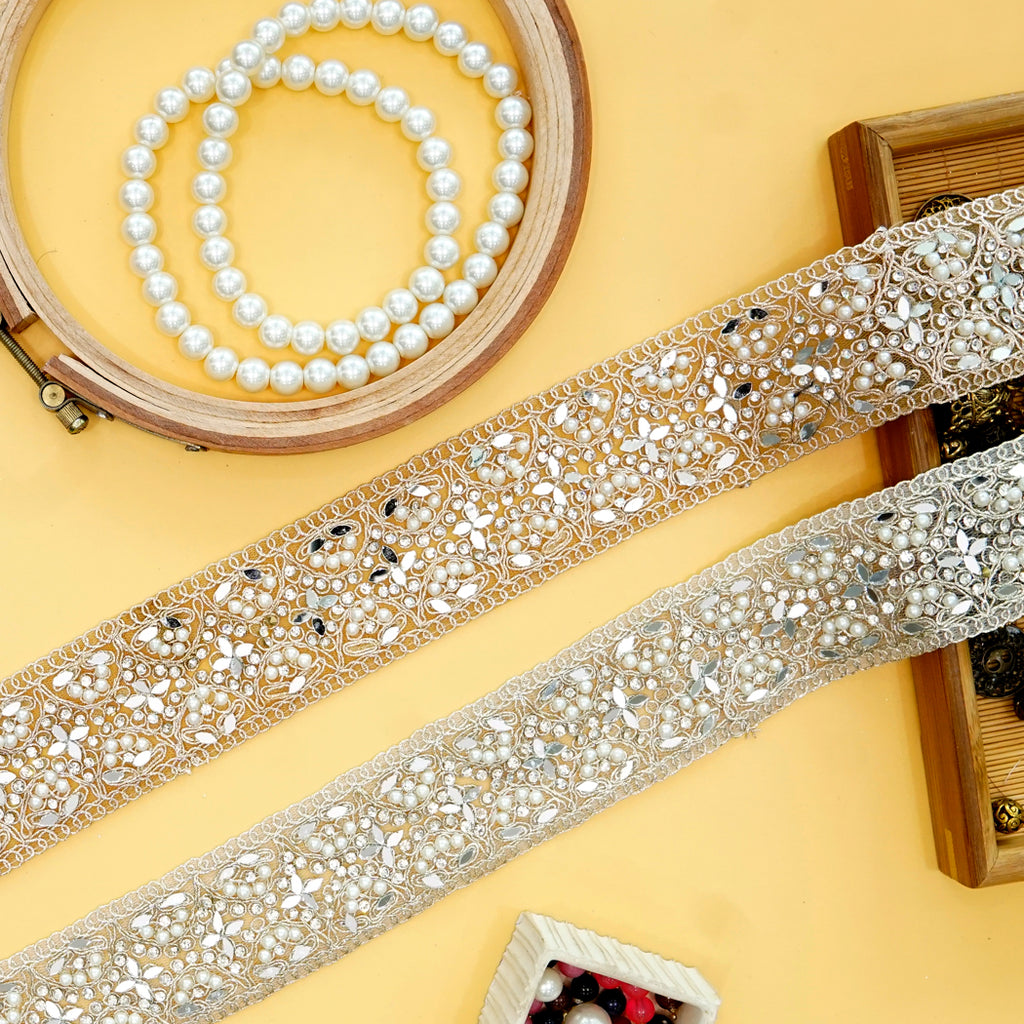 Metallic Yarn Mirror Rhinestone Fancy Lace
