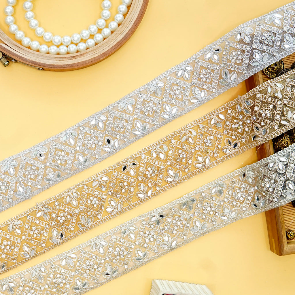 Metallic Yarn Rhinestone Fancy Lace