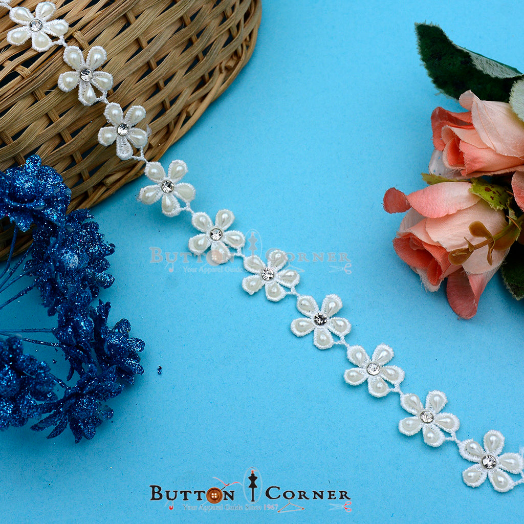 Flower Shape Pearl & Stone Shuttle Lace