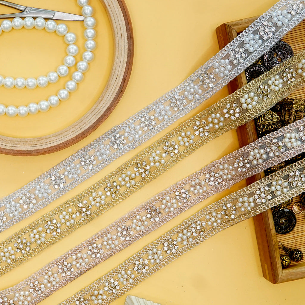 Metallic Yarn Rhinestone Fancy Lace