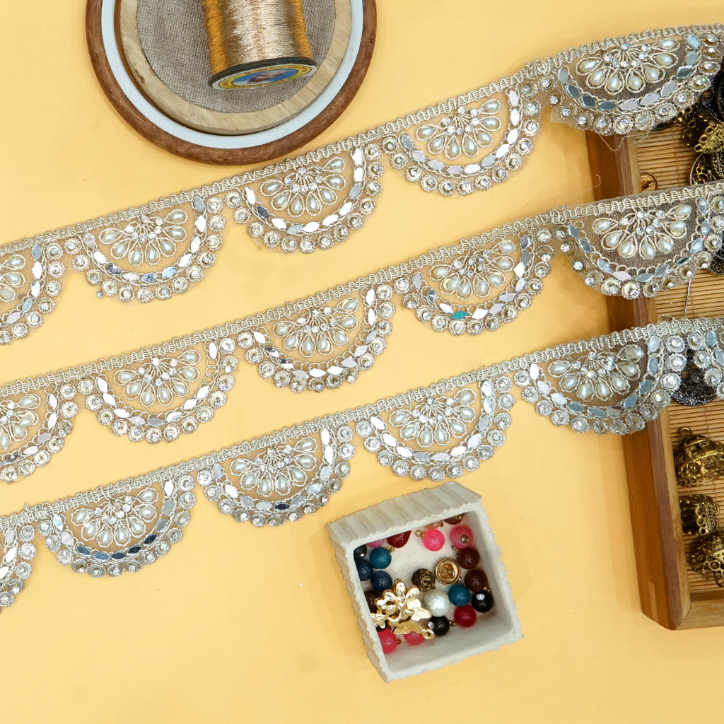 Fancy Metallic Yarn Rhinestone Mirror Lace