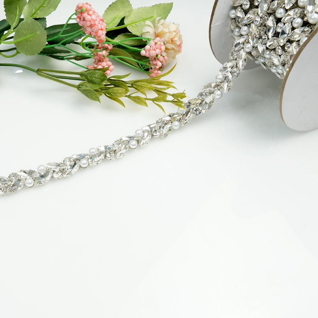 Silver Base Pearl Rhinestone Fancy Chain