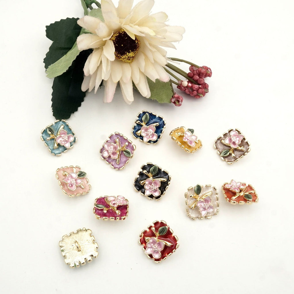 Gold Plated Enamel Flower Leaf Button
