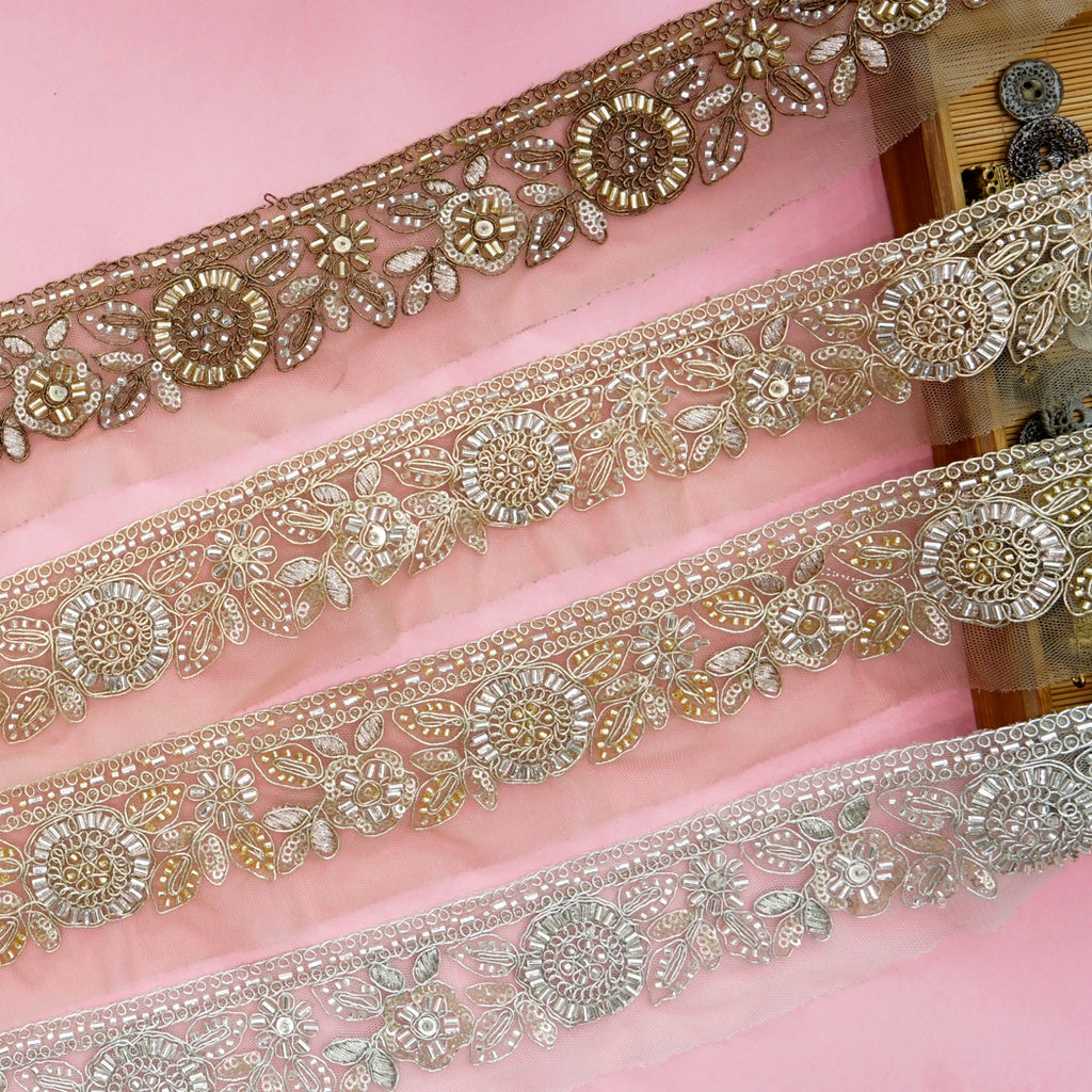 Fancy Metallic Yarn Glass Beads Lace