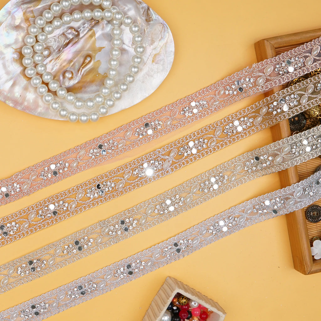 Fancy Metallic Yarn Crystal & Mirror Lace