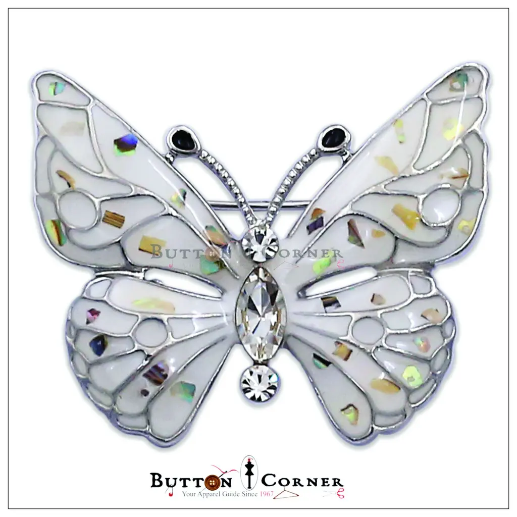10343 Butterfly Center Stone Brooch White Silver.webp