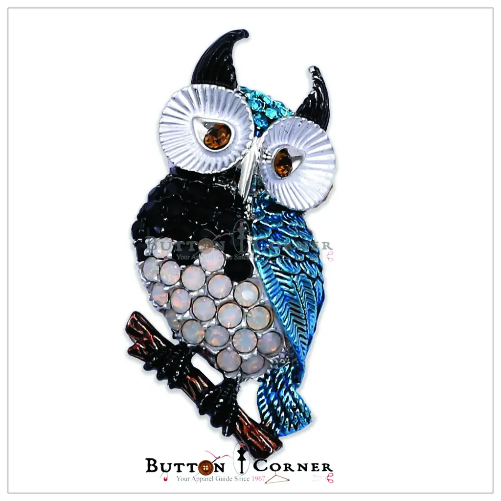 9076 Eagle Owl Diamonds Brooch Black White Blue.webp