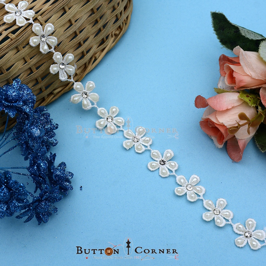 Flower Shape Pearl & Stone Shuttle Lace