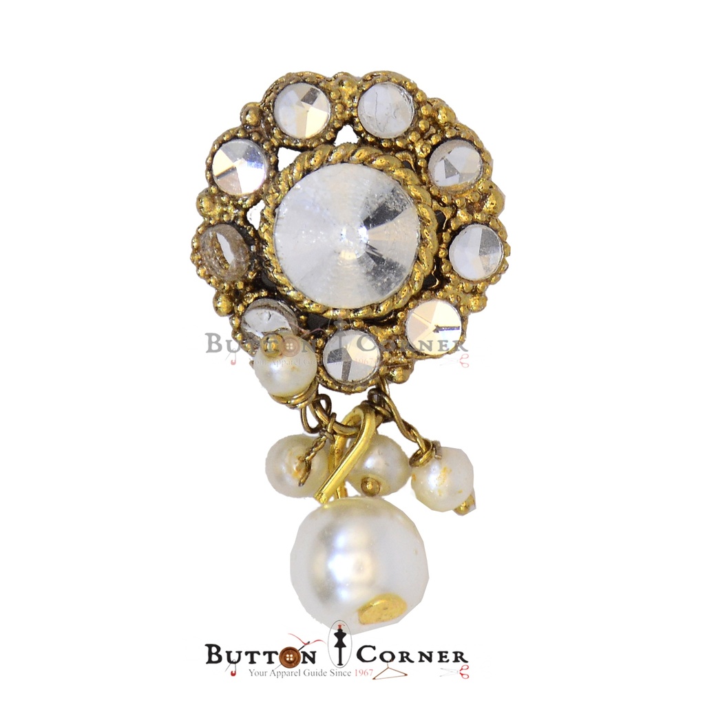 Ornate Floral Rhinestone Embellished Statement Button with Pearl Hanging