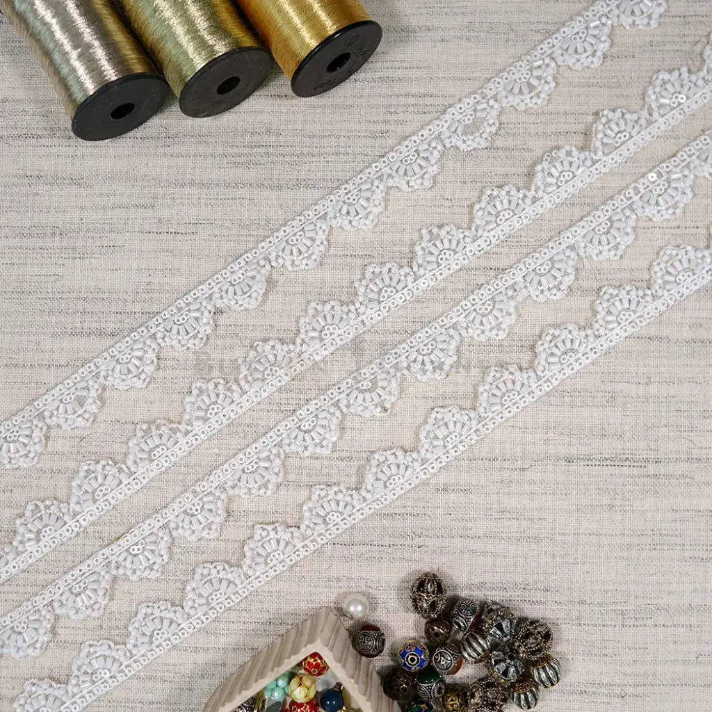Embroidery Thread, Glass Beads, Sequence Lace with Scallop Edge