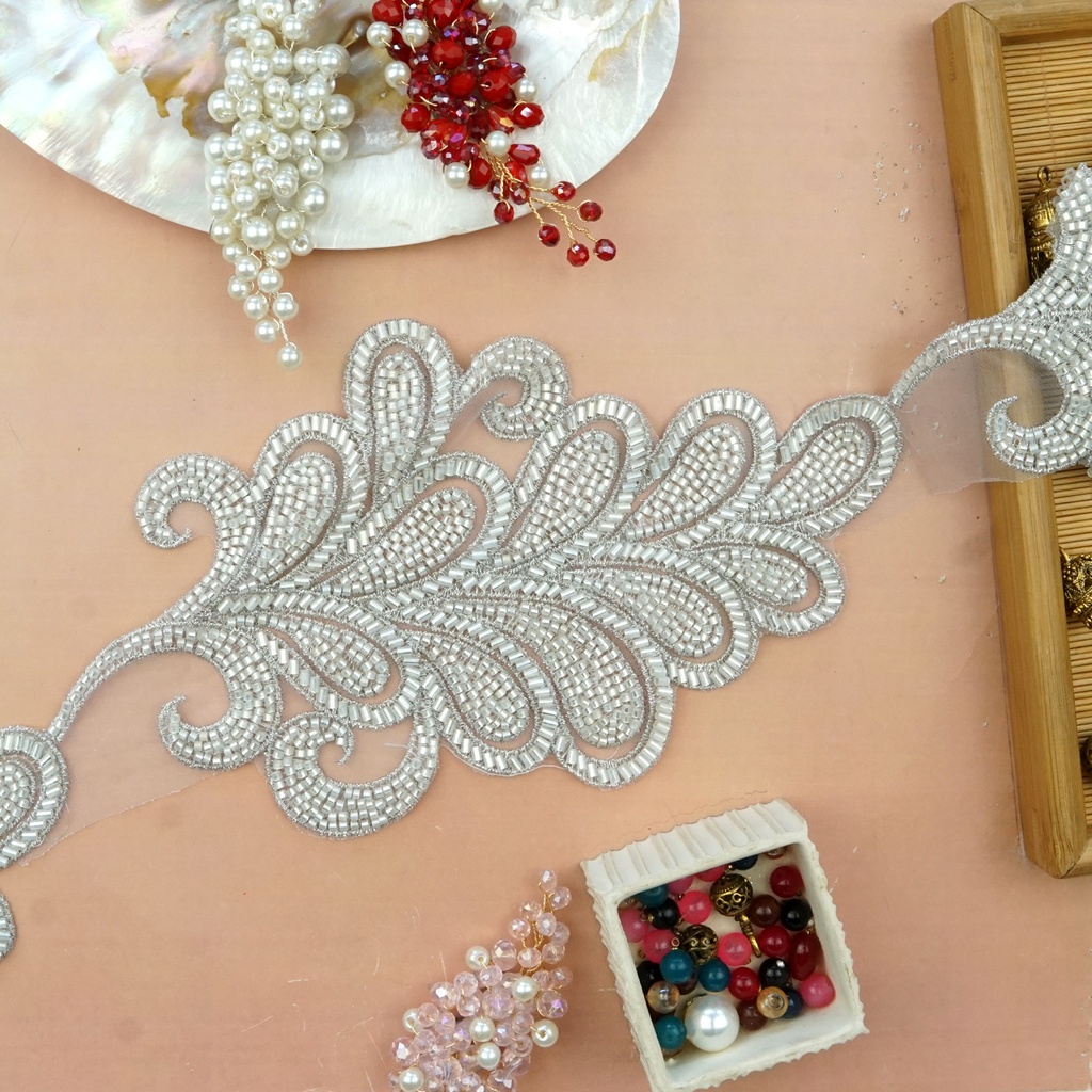 Fancy Glass Beads Organza Patch Lace