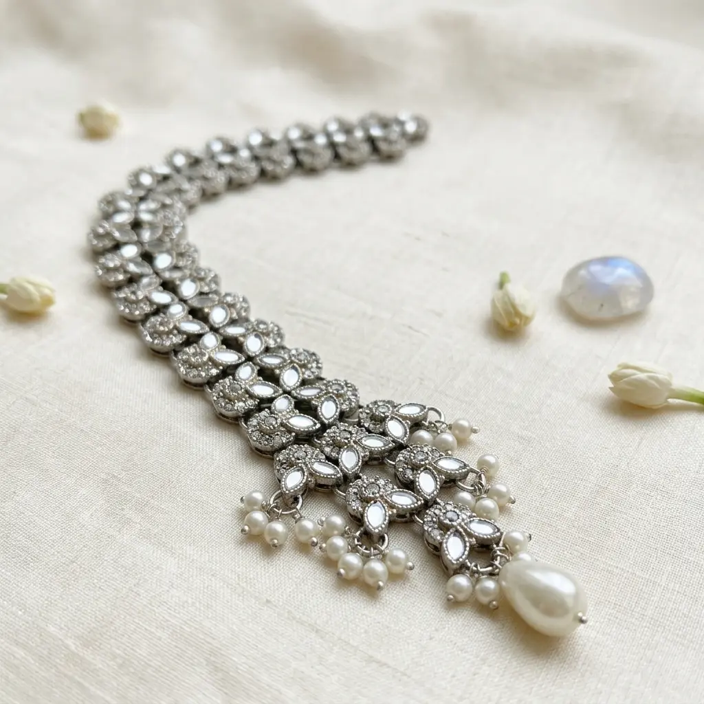 Silver Base Fancy Kundan Button Patti