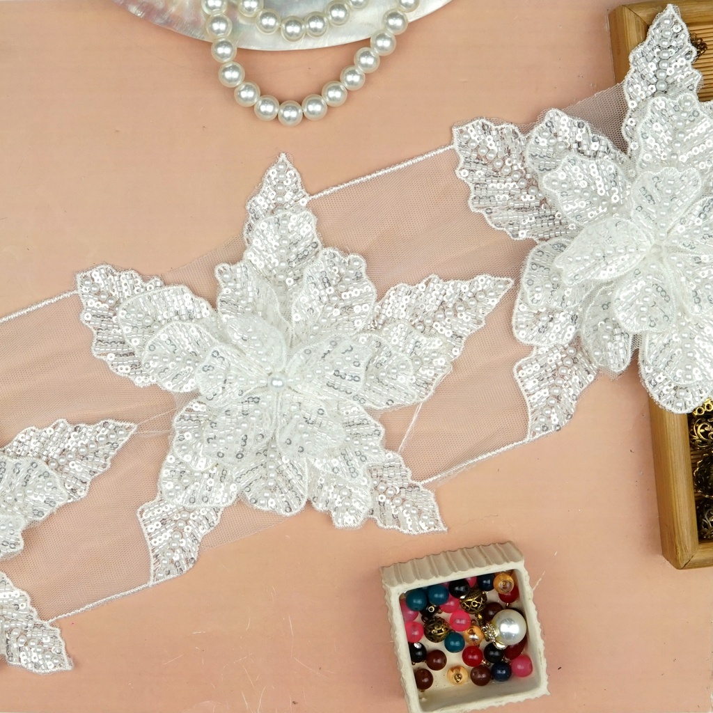 Fancy Glass Beads Sequence Patch Lace