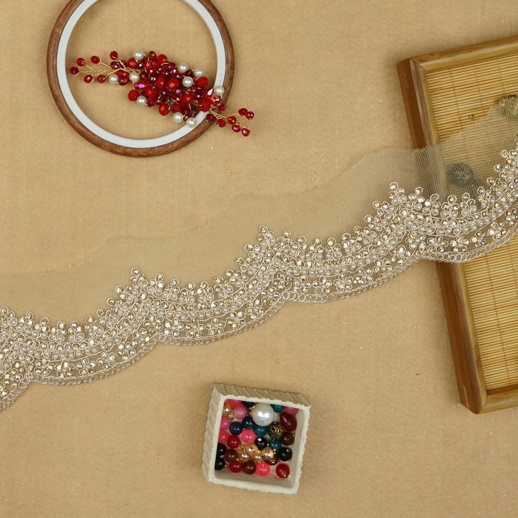 Fancy Metallic Yarn Crystal Pearl Lace