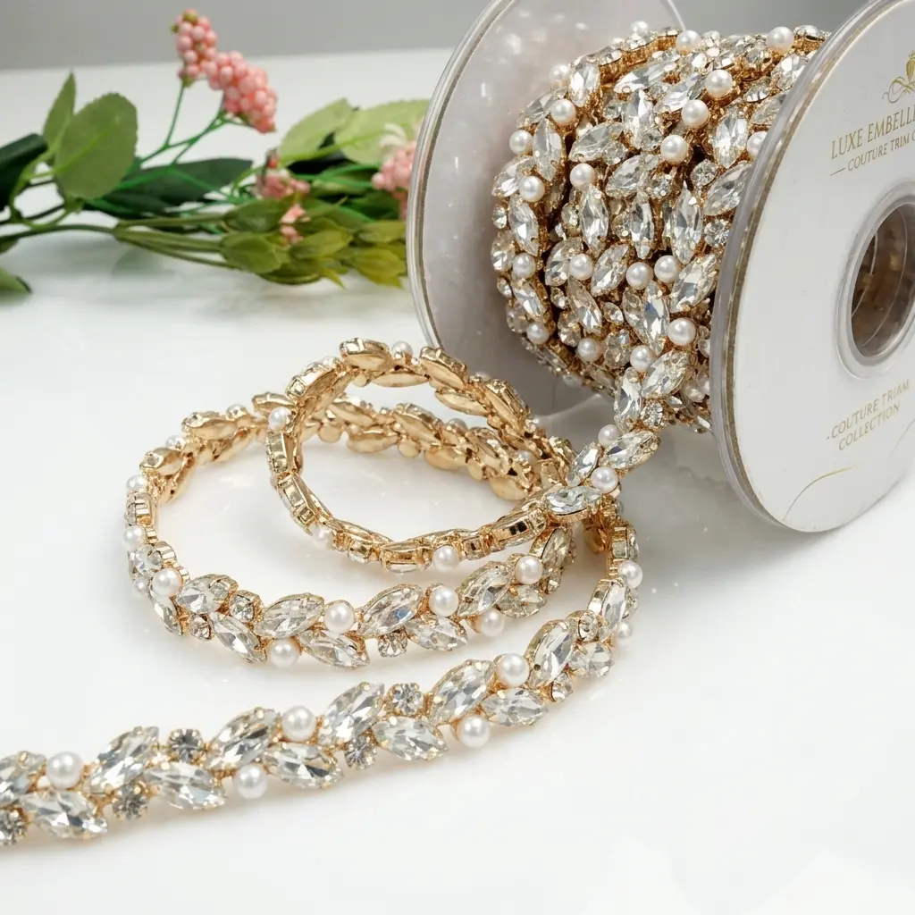Gold Base Pearl Rhinestone Fancy Chain