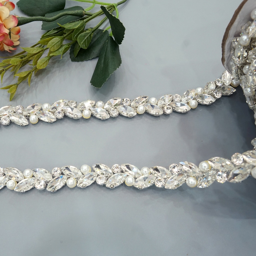 Silver Base Pearl Rhinestone Fancy Chain