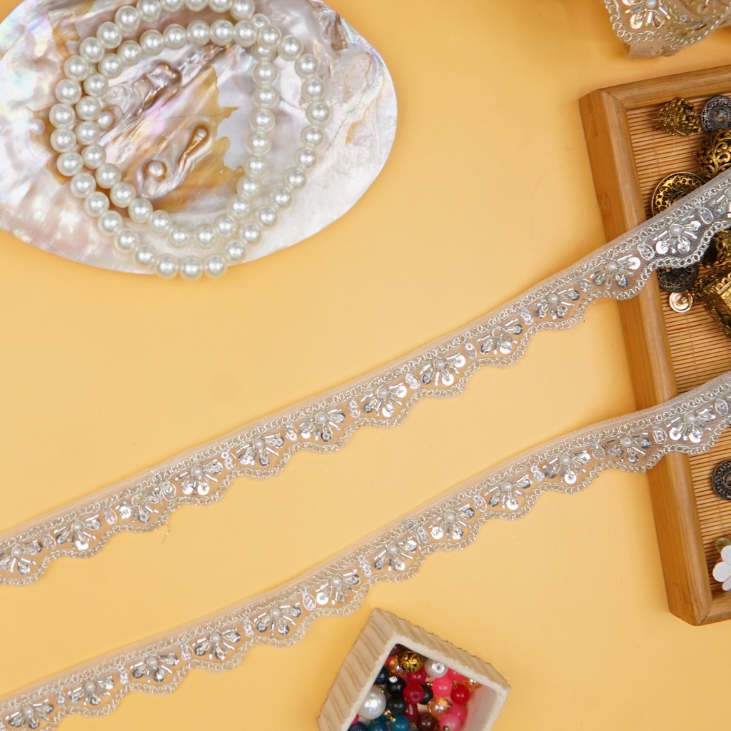 Fancy Metallic Yarn Glass Beads Lace