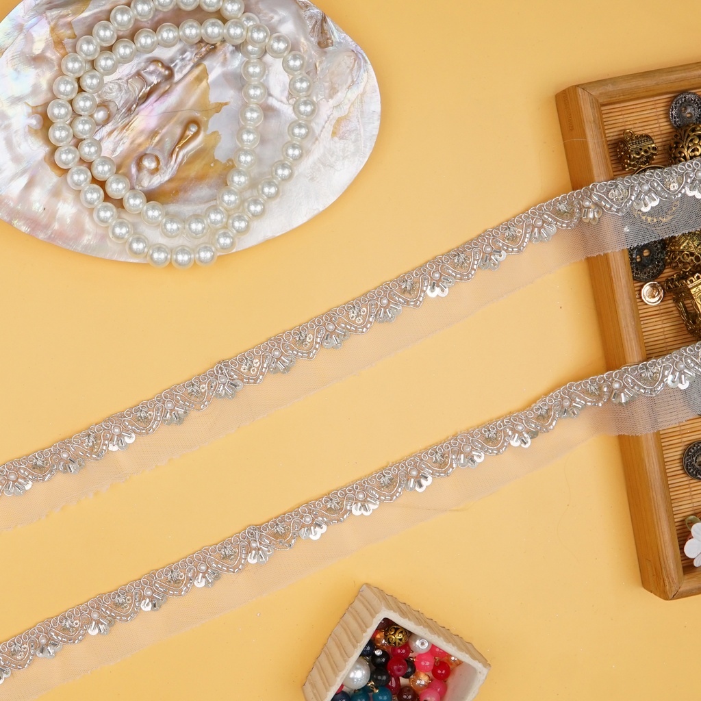Fancy Metallic Yarn Glass Beads Lace