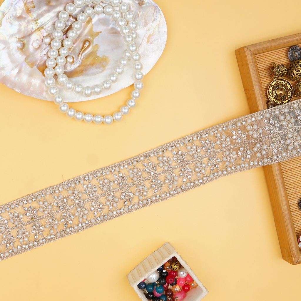 Fancy Metallic Yarn Crystal & Pearl Lace