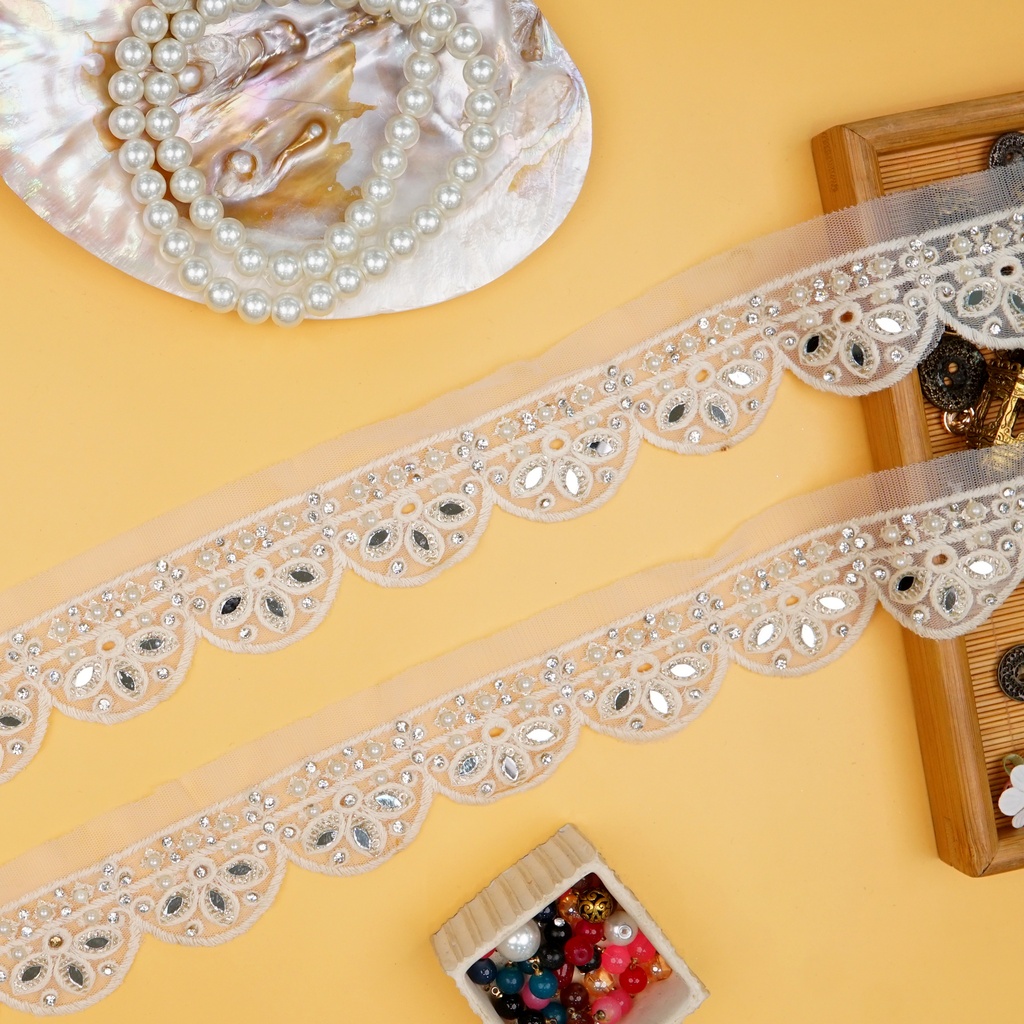Embroidery Net Lace With Pearl & Mirror