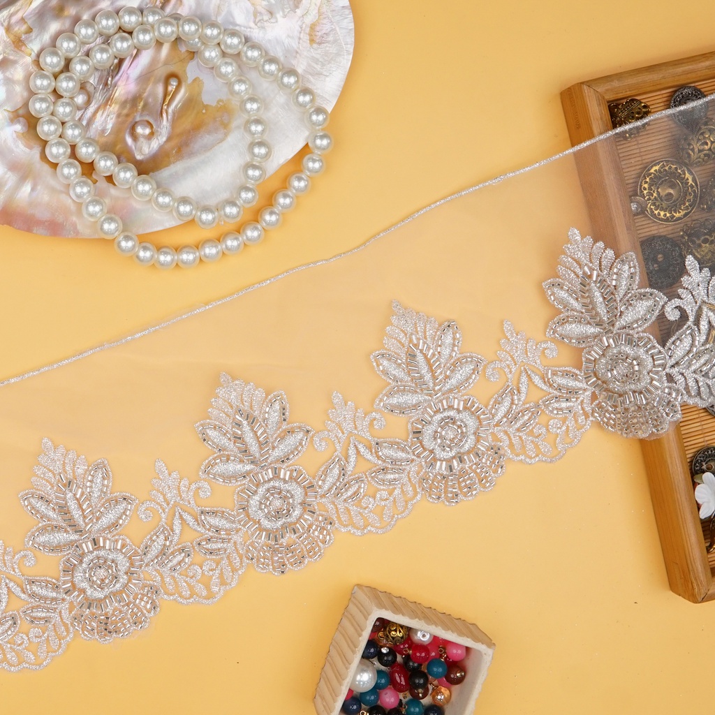 Fancy Metallic Yarn Glass Beads Lace