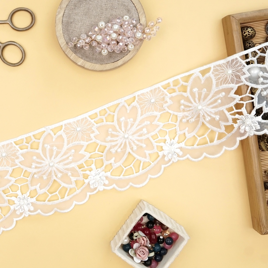 Fancy Glass Beads Pearl Organza Lace