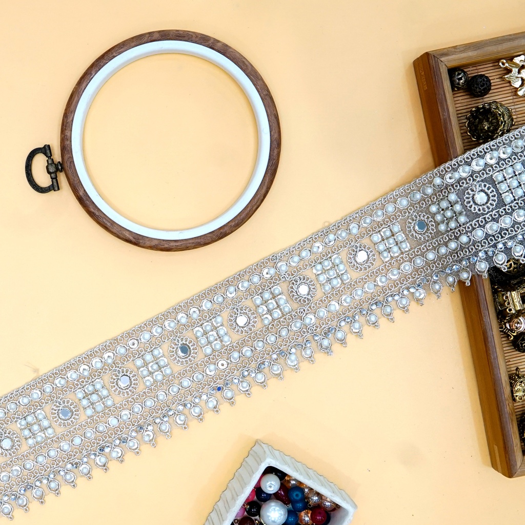 Fancy Metallic Yarn Pearl Mirror & Stone Lace