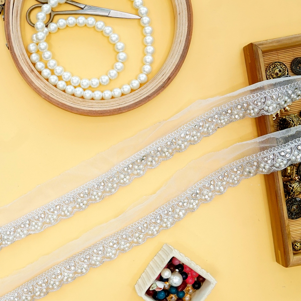 Metallic Yarn Rhinestone Fancy Lace