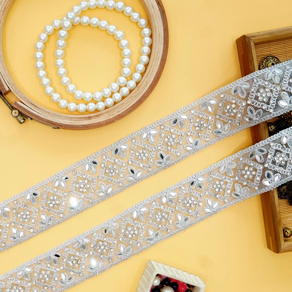 Metallic Yarn Rhinestone Fancy Lace