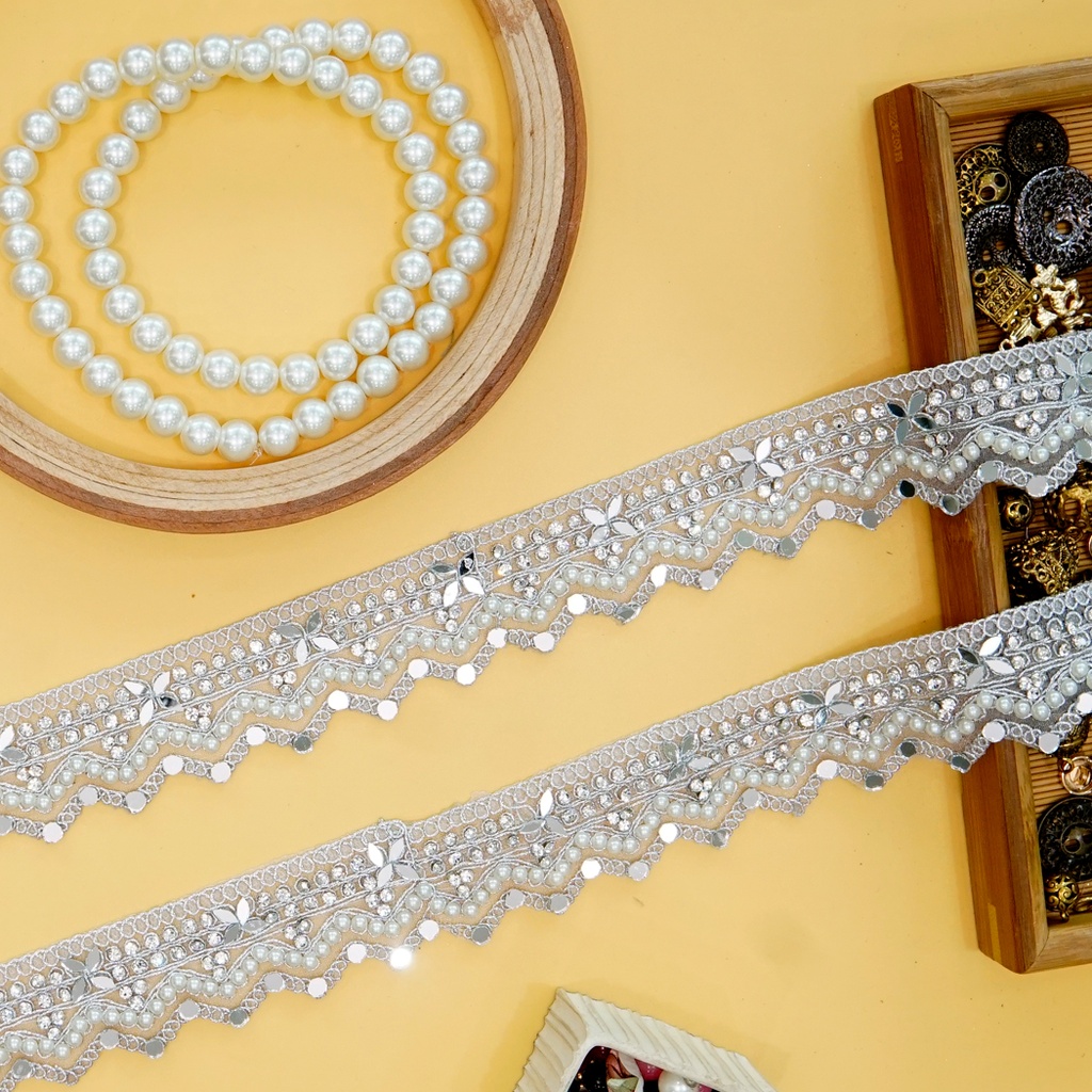 Metallic Yarn Mirror Rhinestone Fancy Lace