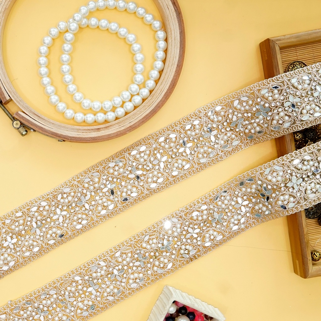 Metallic Yarn Mirror Rhinestone Fancy Lace