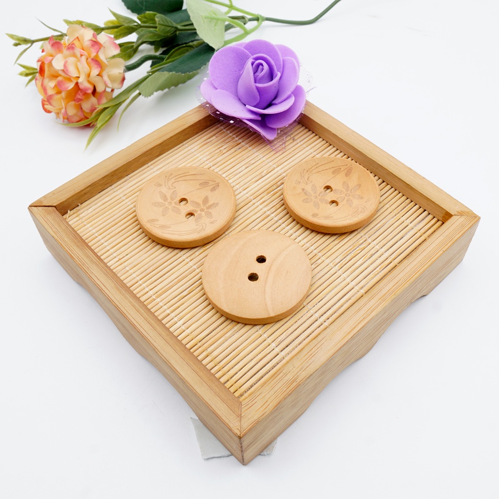Wood Button In Cut-Out Motif Of Flowers