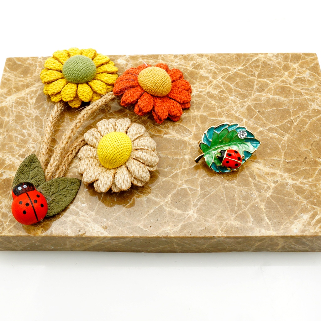 Enamel Leaf Ladybug Crystal Brooch