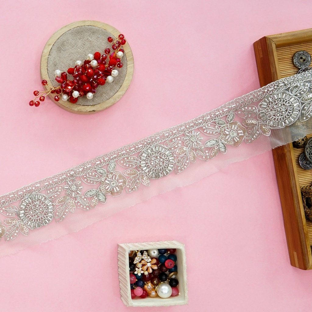 Fancy Metallic Yarn Glass Beads Lace