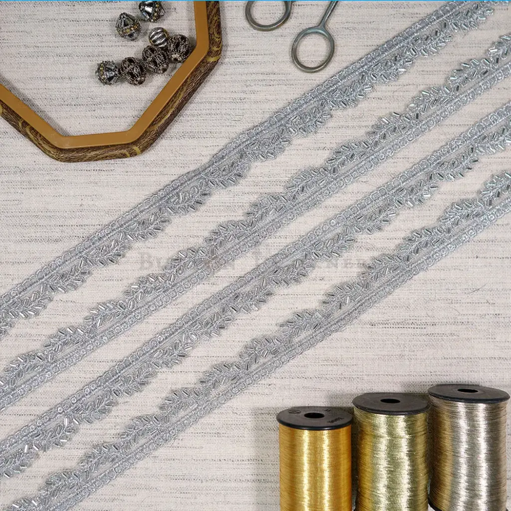 Glass Bead Leaf Pattern with One Side Sequence Embellishment, Fancy Lace