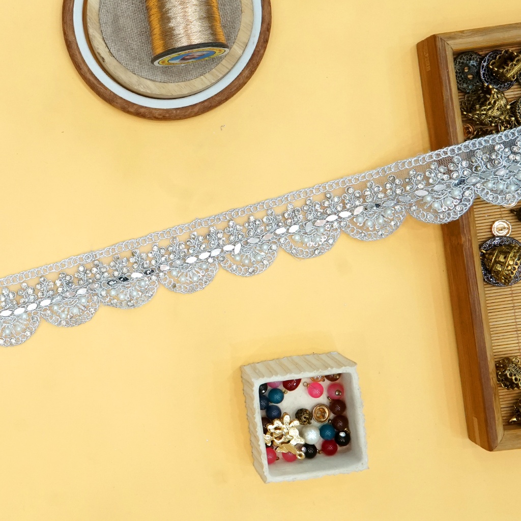 Fancy Metallic Yarn Rhinestone Mirror Lace