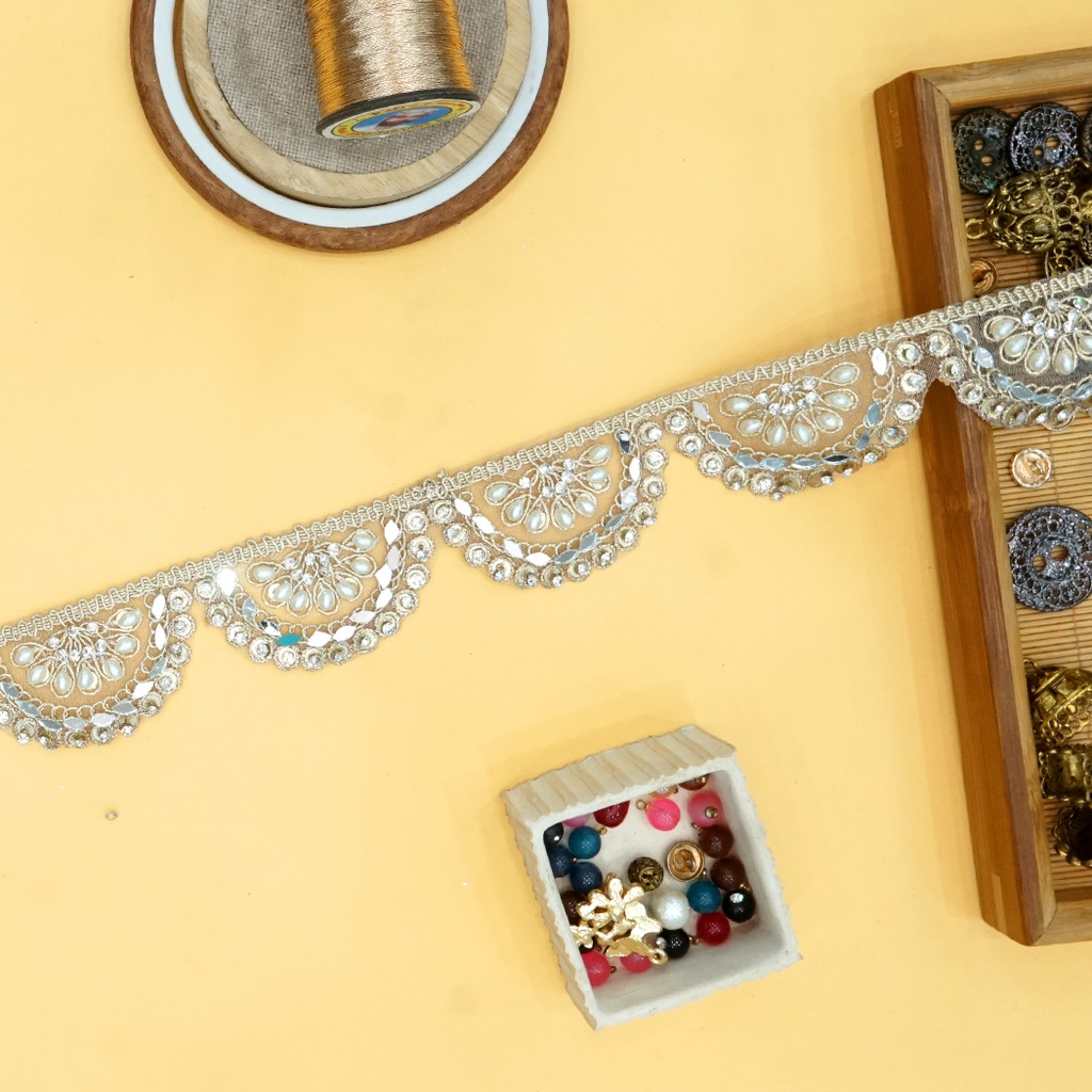 Fancy Metallic Yarn Rhinestone Mirror Lace