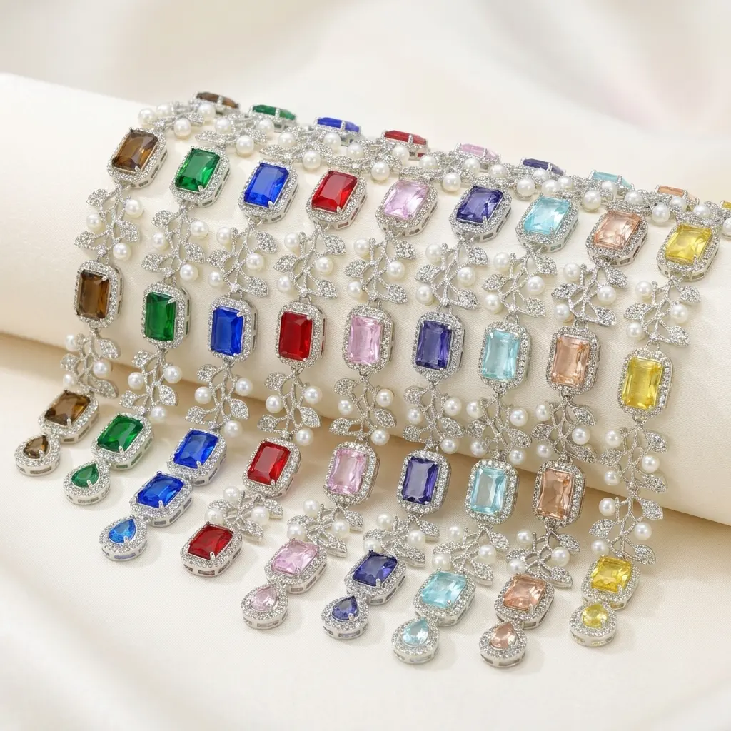Silver Base Fancy Kundan Button Patti