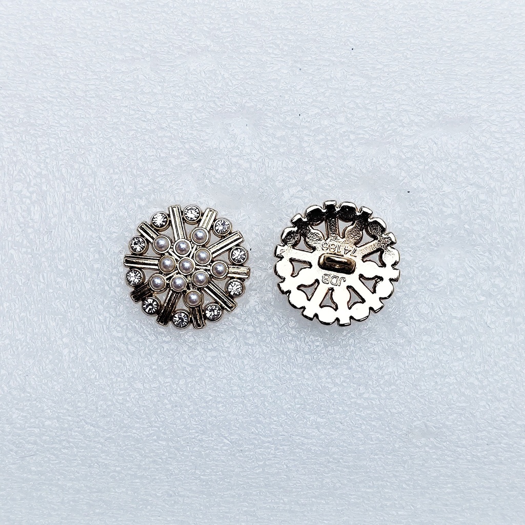 Silver Tone Floral Pearl Rhinestone Button