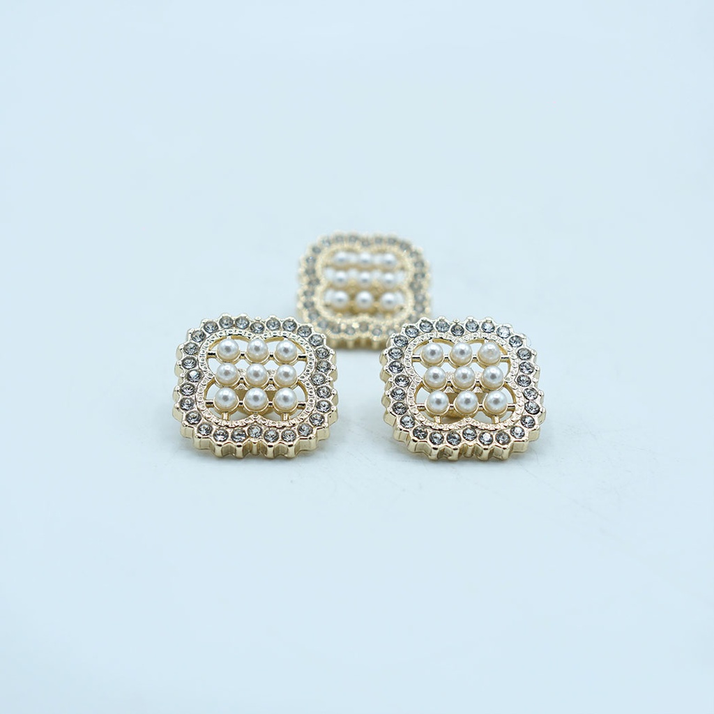 Gold Tone Square Pearl Rhinestone Button