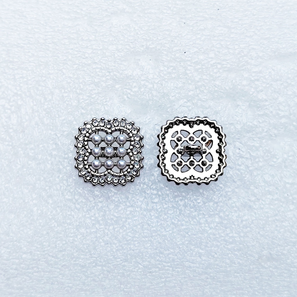 Silver Tone Square Pearl Rhinestone Button