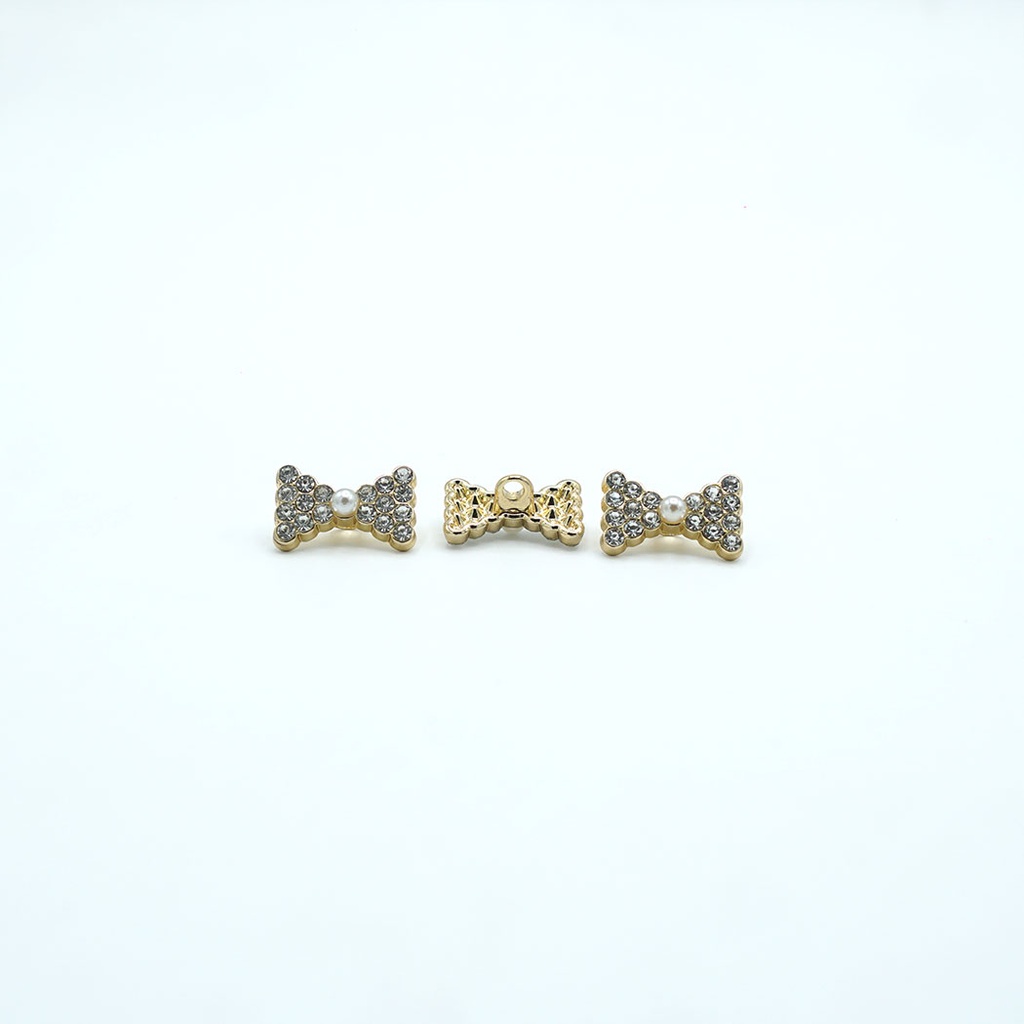 Gold Base Pearl Rhinestone Bow Tie Button
