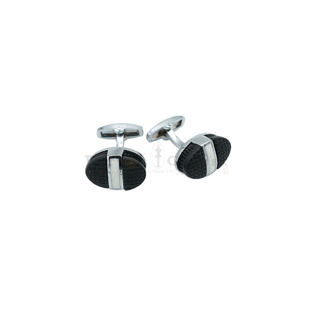Silver Plated White Line Black Oval Cufflink