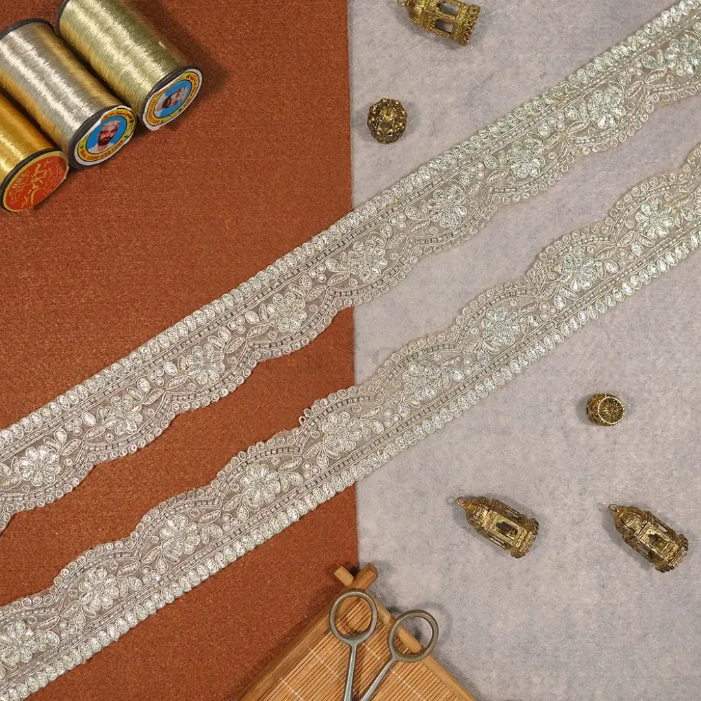 Fancy Metallic Yarn Glass Beads Lace