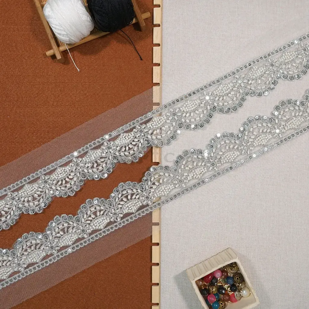 Metallic Yarn Glass Beads Sequence Lace