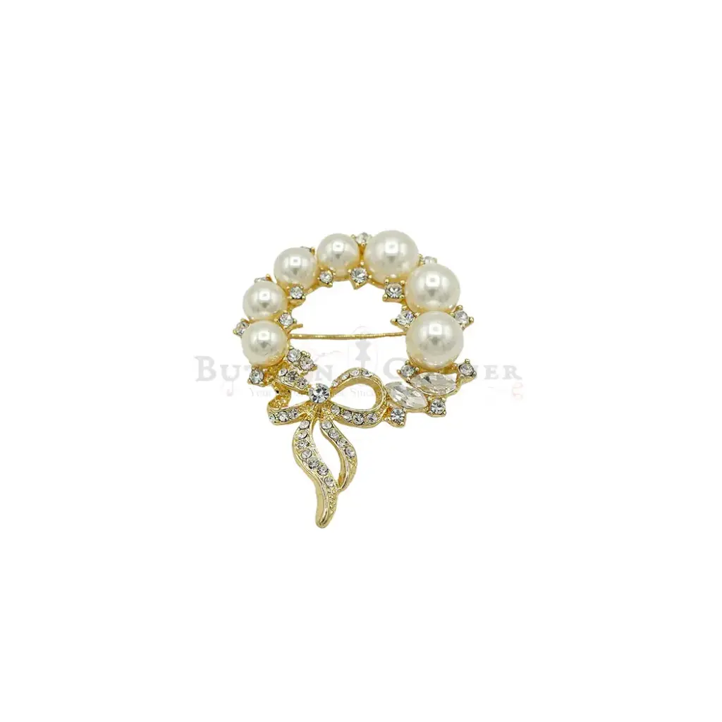 Faux Pearl & Rhinestones Wreath Brooch