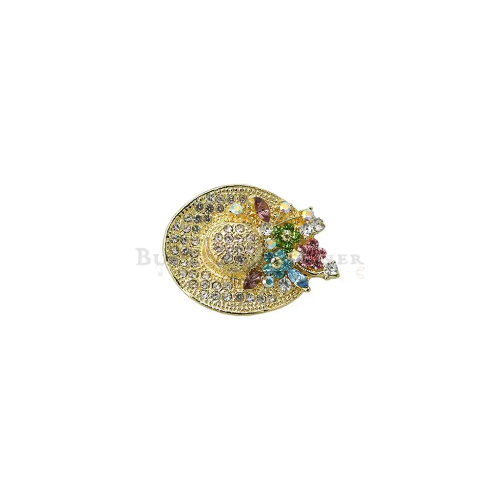Gold Tone Colourful Rhinestone Lady Hat Brooch